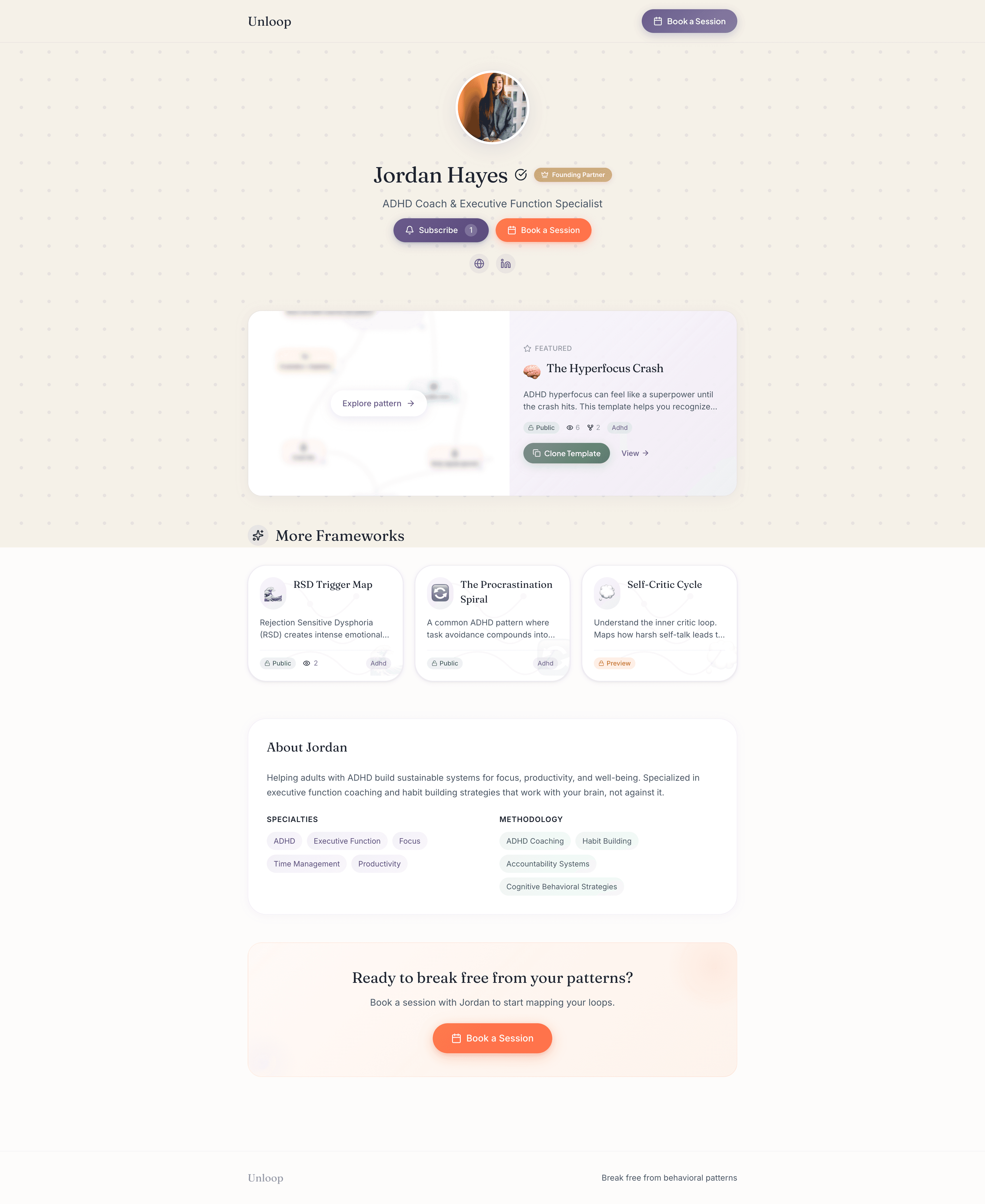 Jordan Hayes - Example practitioner profile on Unloop